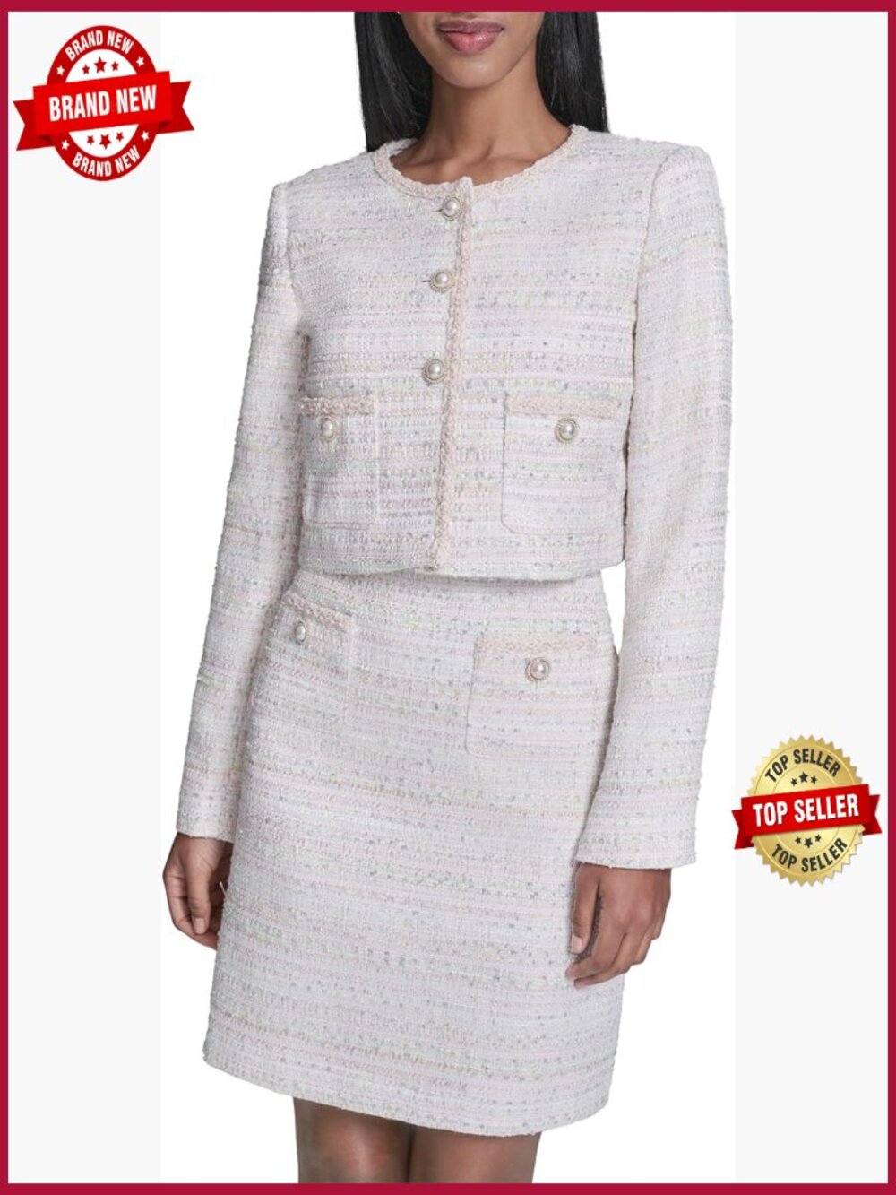 Long Sleeve Pull on Metallic Tweed Jacket Crew Neck Button